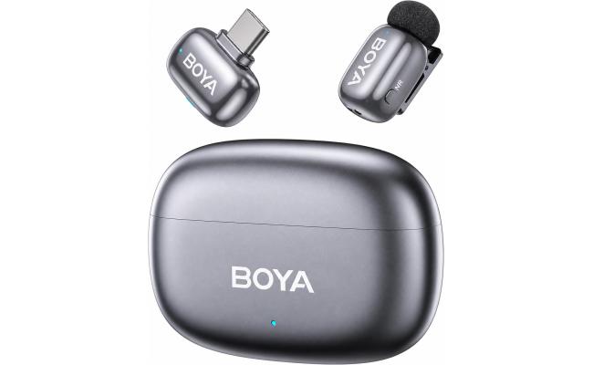 BOYA mini 2-05 Wireless Lavalier Microphone for iPhone 15-17/Android, Noise Cancellation Control, 48kHz/24-Bit, 30H Battery Mini Mic for Video Recording Interview Vlog (1TX + USB-C RX + Charging Case) - Space Gray